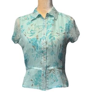 Worthington Woman's Silk Button-Up Blouse Blue Floral Short Sleeve Lined Size 4